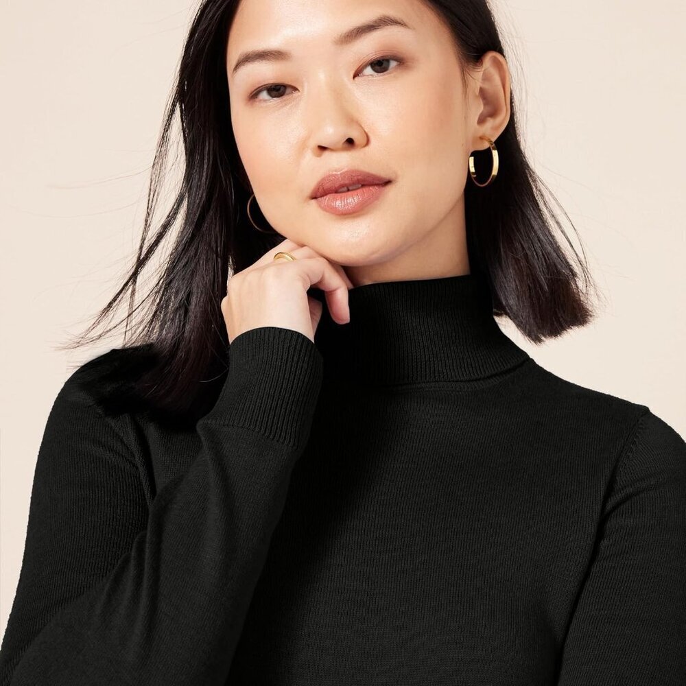 Women's Lightweight Cotton Blend Turtleneck Sweater Plus Size Black - Picture 4 of 8